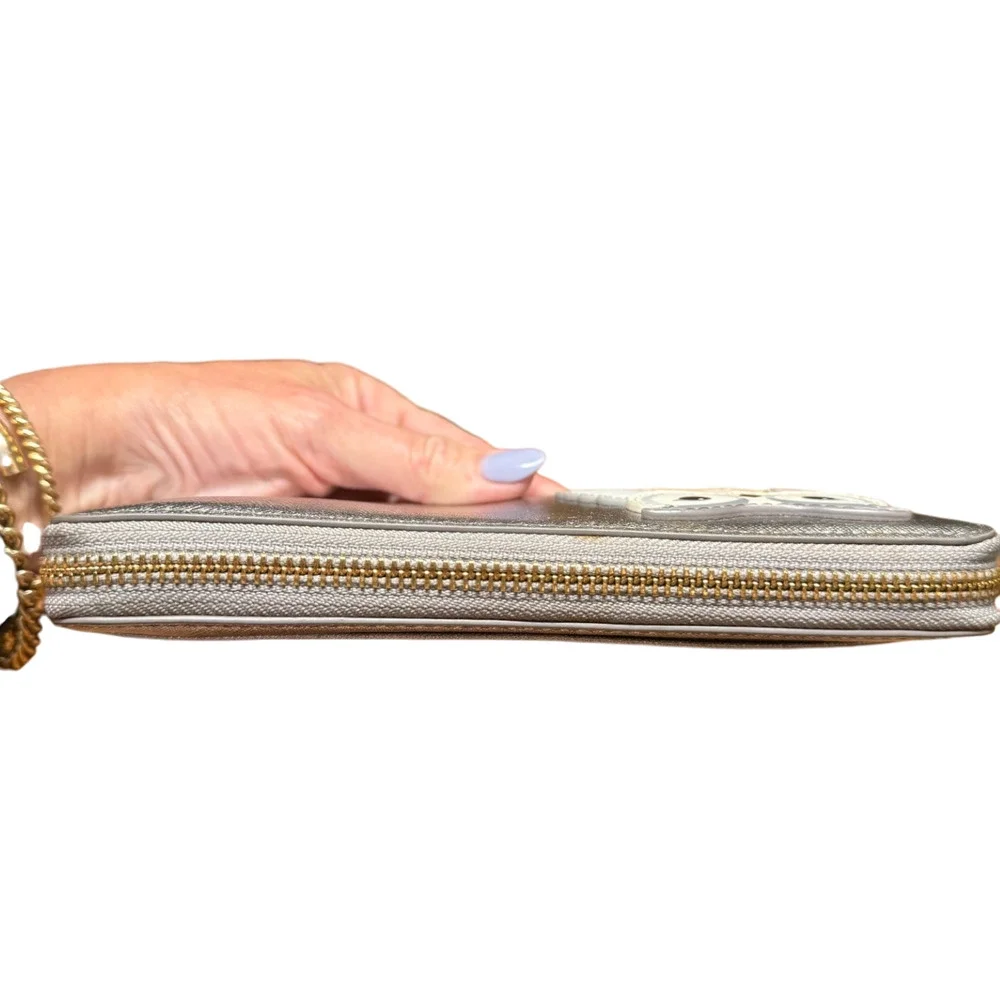 KATE SPADE NY Star Bright Owl Silver Metallic Zip Around Continental Wallet
